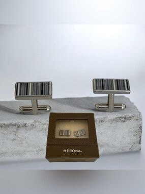 Merona Men’s Silver Tone Rectangular Silver & Black Striped Cufflinks